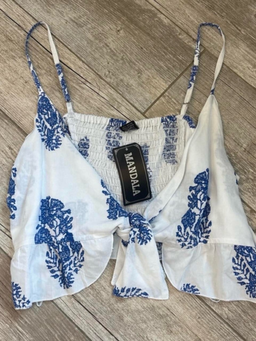 Mandala Blue & White Tie-Front Crop Cami